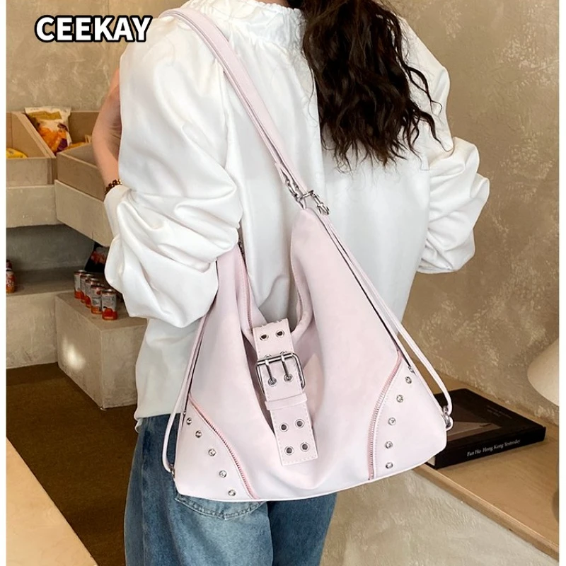 CEEKAY Women's Hobo Bag Light Pink Soft PU Leather Large Shoulder Handbag Metal Buckle Rivet Detail Daily Casual Sweet Style