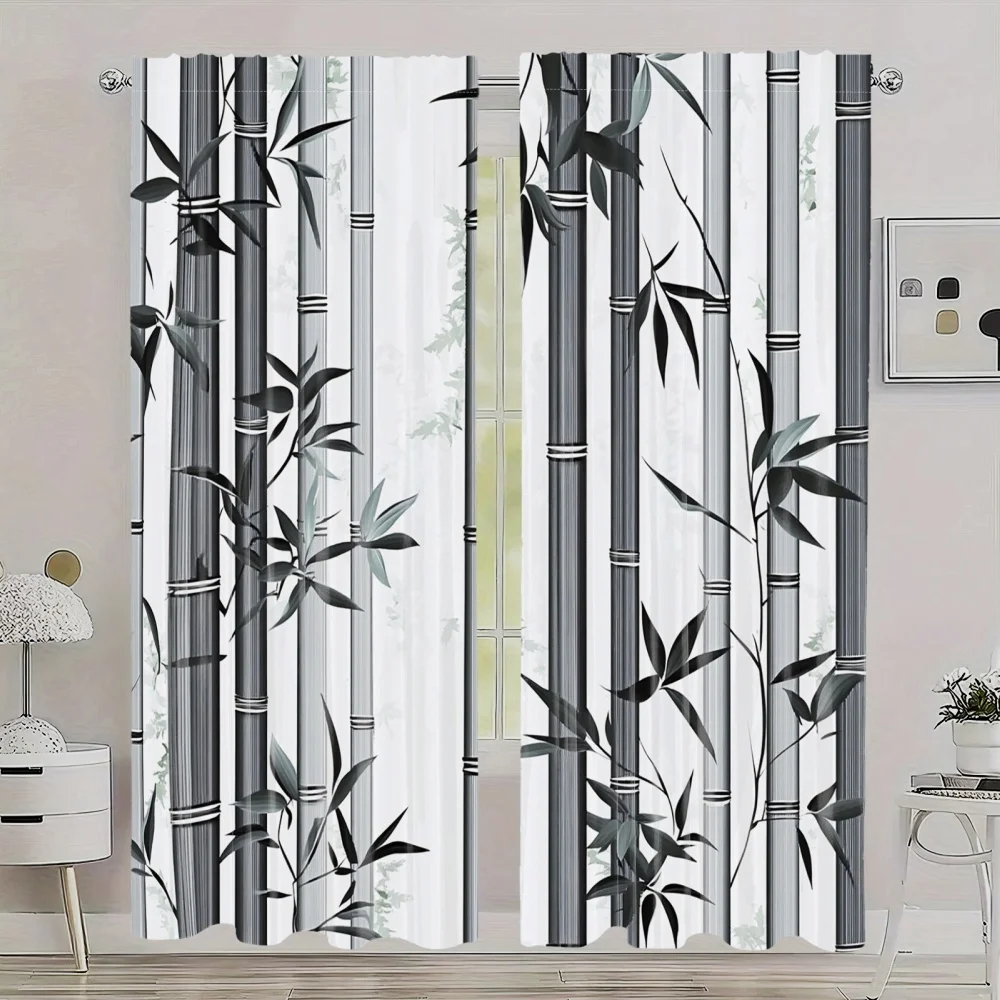 2pc Asian forest pattern curtains, made of polyester fabric, machine washable, suitable for living rooms and bedrooms.