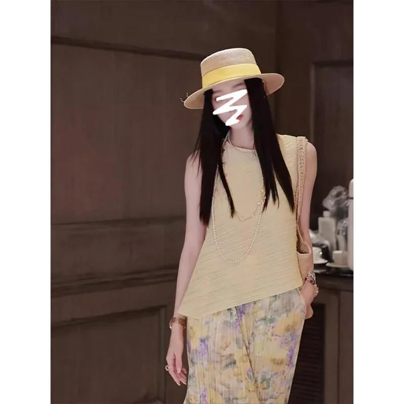 Miyake 2025 verão novo plissado cor sólida superior cintura alta saia de meio corpo de duas peças moda casual cem terno feminino alsey