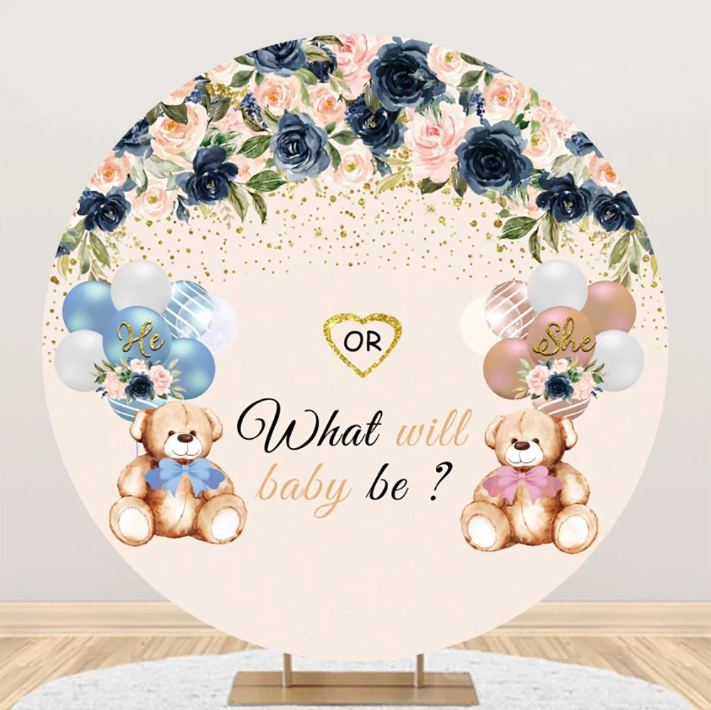 

Laeacco Bear Gender Reveal Round Photo Backdrop He or She Navy and Blush Balloon Floral Kid Baby Portrait Photography Background