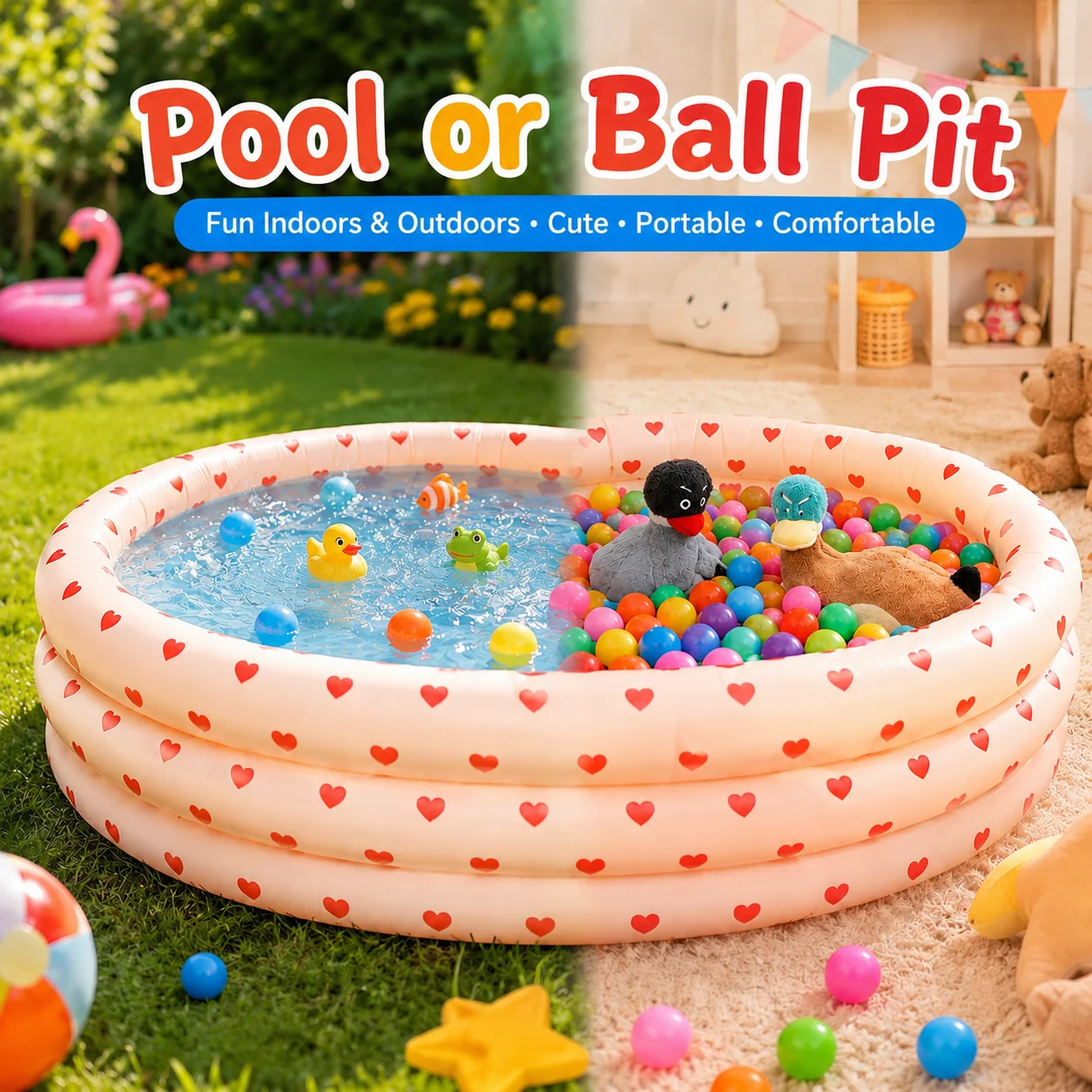 

1PC Round Inflatable Swimming Pool, Vintage Heart Pattern Thicken Paddling Pool for Indoor,Garden and Backyard Pools for Family