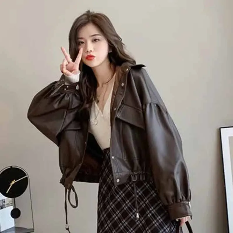 2025 moda coreana para mujer, Chaqueta de cuero PU con cuello de solapa corta, Tops, abrigo para mujer, nueva chaqueta holgada y versátil de piel sintética