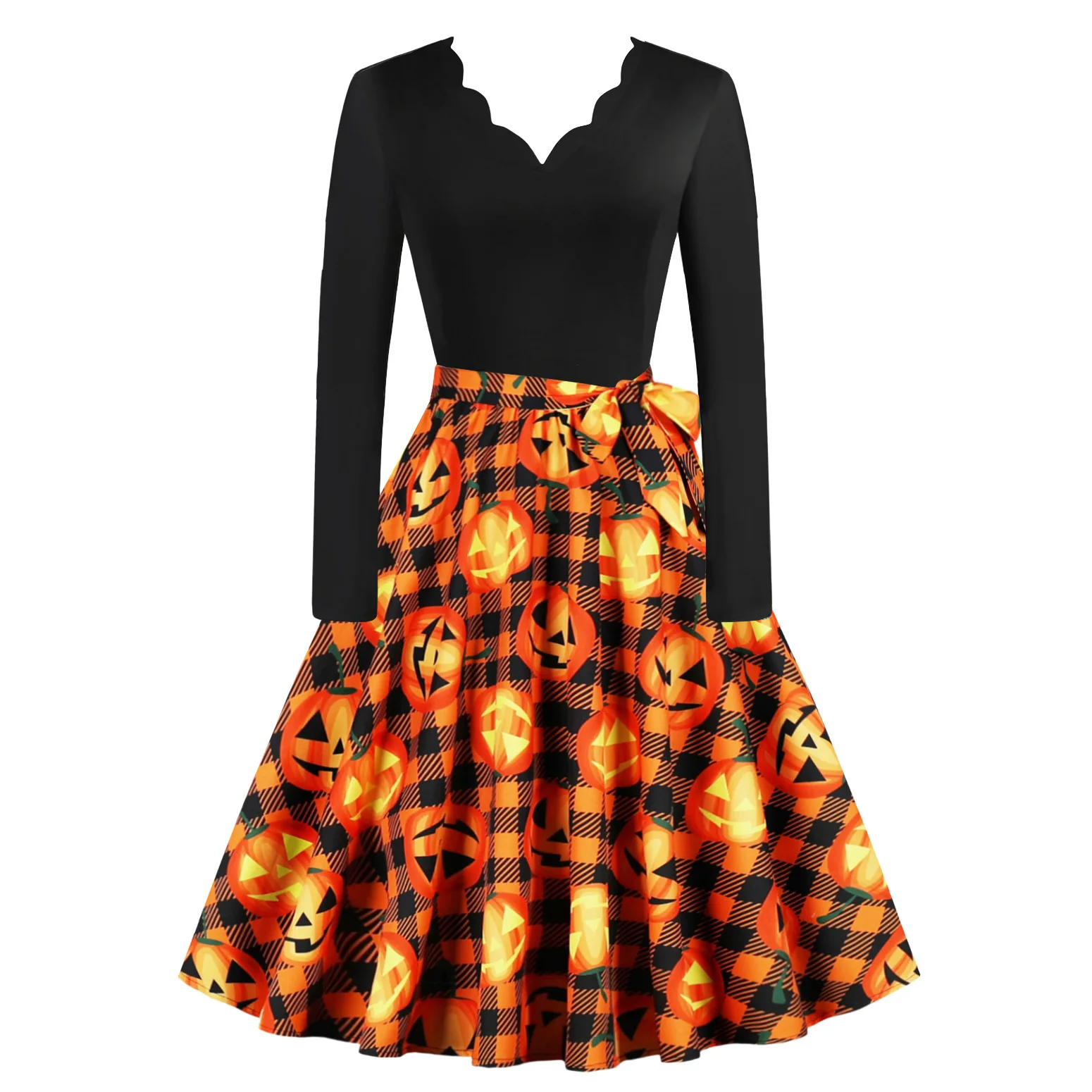 

Vintage Halloween Print Dresses Women Wave V-neck Long Sleeve Bowknot Folds A-line Dress Fashion Trend Party Vestidos Autumn New