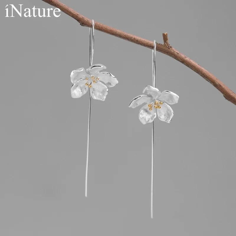 

INATURE 925 Sterling Silver Fresh Peach Blossom Flower Long Drop Earrings for Women Gift Bijoux Jewelry