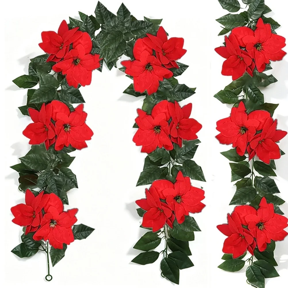 Artificial Poinsettia Garland Set 2 Pieces 11.5 Ft Total Length with Lifelike Detail for Holiday Display Areas