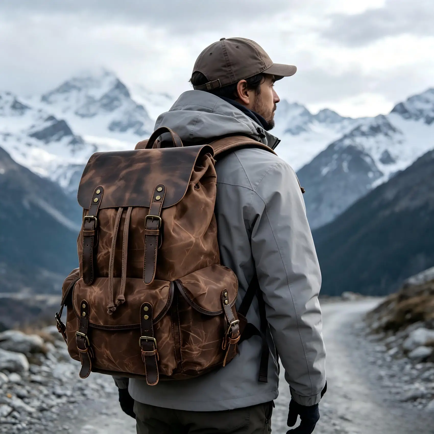 Retro Wax Canvas Cowhide Trim Backpack Multi‑Pocket Durable Rucksack for Outdoor Hiking Camping Daily Travel Business Laptop Bag