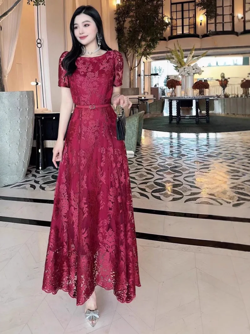 

Custom Evening Gown Burgundy Sequin Embroidery Short Sleeve O Neck A Line Floor Lengt فساتين سهرة h Party Dress