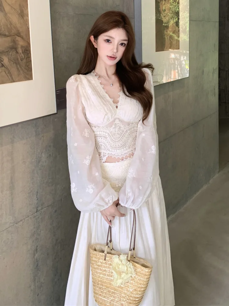 

Высококачественный комплект из двух предметов с небольшим ароматом, женская рубашка с пышными рукавами, блузка, топ + лоскутная длинная юбка, костюмы, модные комплекты из 2 предметов