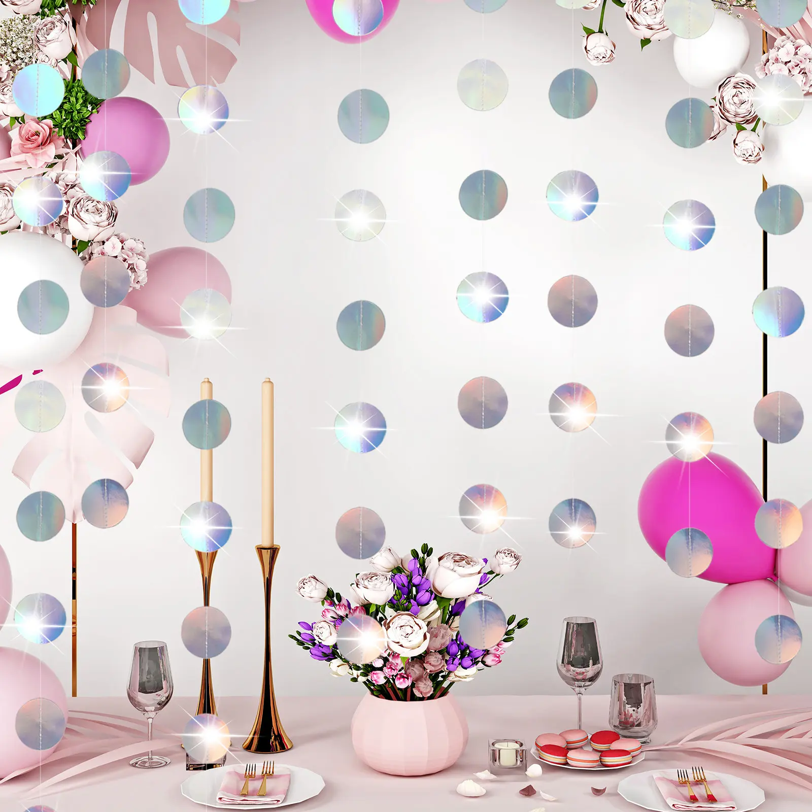 

5Pcs Iridescent Circle Dot Garland Iridescent Hanging Ornament Birthday Party Decorations Disco Party Decoration Lightweight
