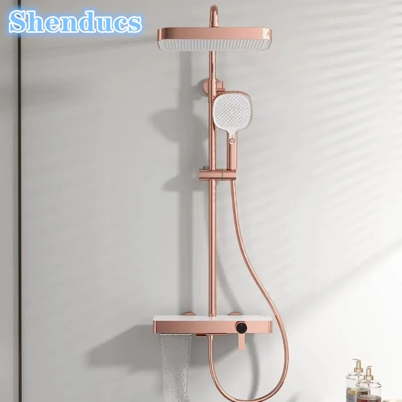 

Rose Gold Piano Bathroom Shower Set Solid Brass Bathroom Faucets Accessories Rain Shower Head Hot Cold Bathrooom Shower System