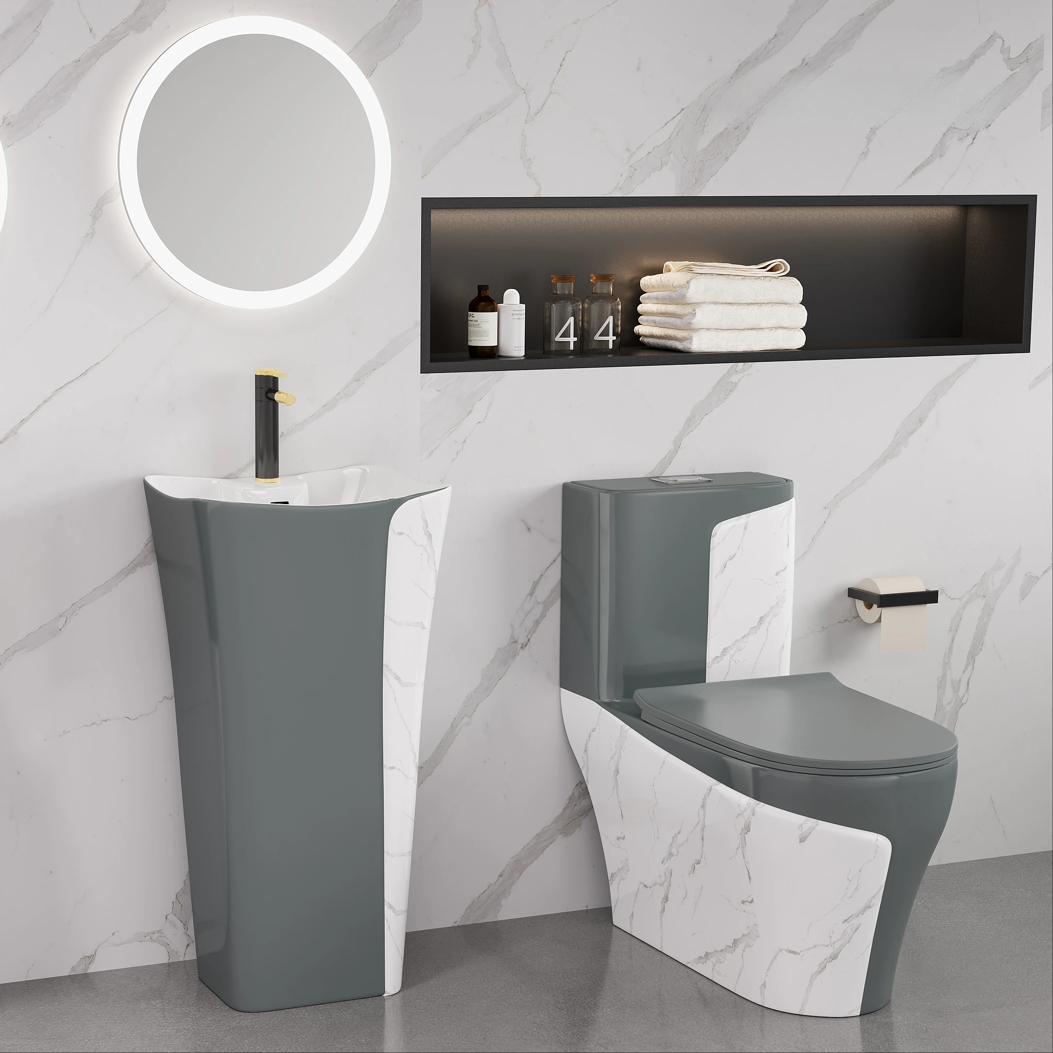 Modern design bathroom sanitary ware  commode wc ceramic one piece marble color toilet bowl ceramic pedestal sink and toilet set