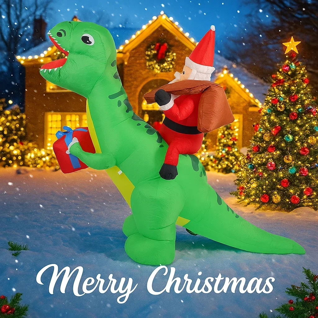 Giocattolo gonfiabile del dinosauro di Babbo Natale da 5,91FT con la luce del LED Decorazione del partito del prato del cortile di Natale Regalo dell'ornamento del fornitore della casa di Natale