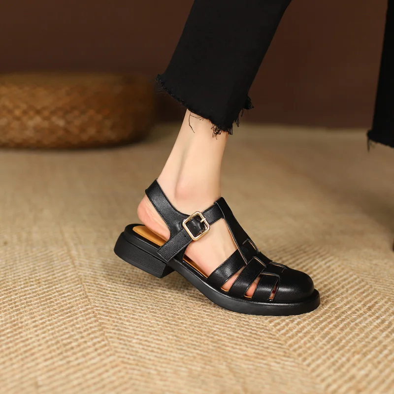 Genuine Leather Retro Women Fisherman Sandals New 2023 Summer Black White Brown Closed Toe Low Heel Ladies Buckle Hollow Shoes