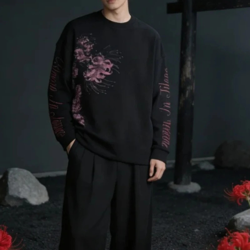 Japanese Gothic Grunge Streetwear Men Women Long Sleeve Tshirt Lycoris Print Loose Hip Hop Casual Y2k Harajuku High Street Tops