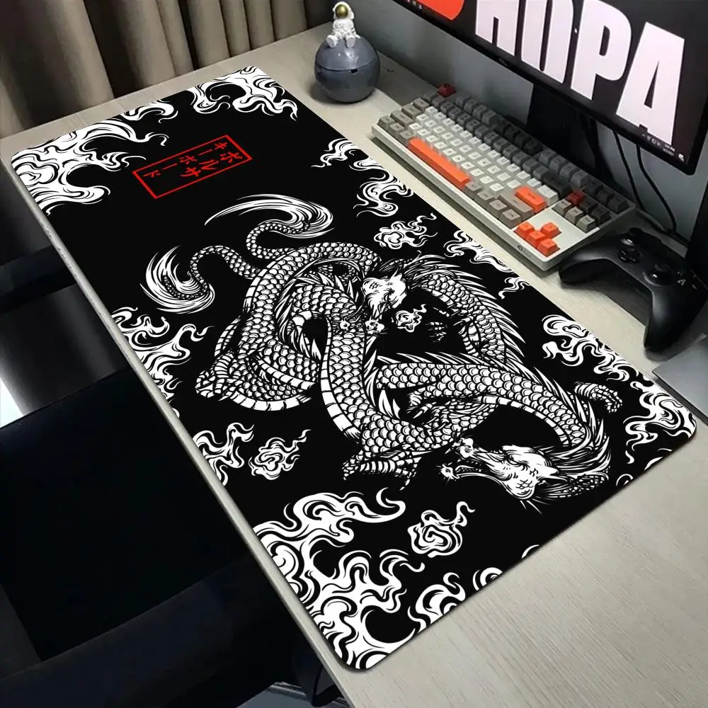 Tapis de souris Dragon japonais, tapis de jeu, clavier Gamer, polymères de bureau, tapis de maison, accessoires de bureau, anime noir et blanc, Deskvirus