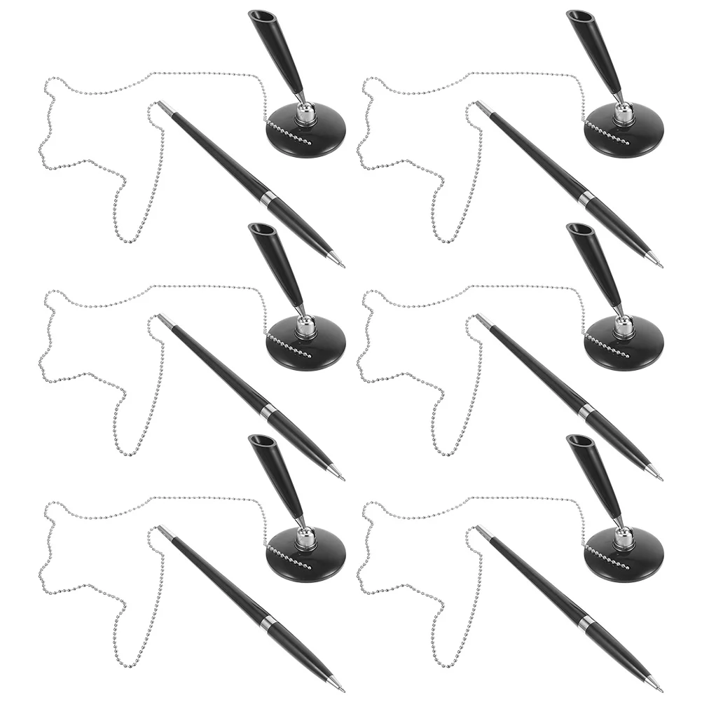 

6pcs Security Pen Set Chain Bead Holder Rotating Stand Blank Ink Ballpoint Desktop Counter Office Bank Reception Business