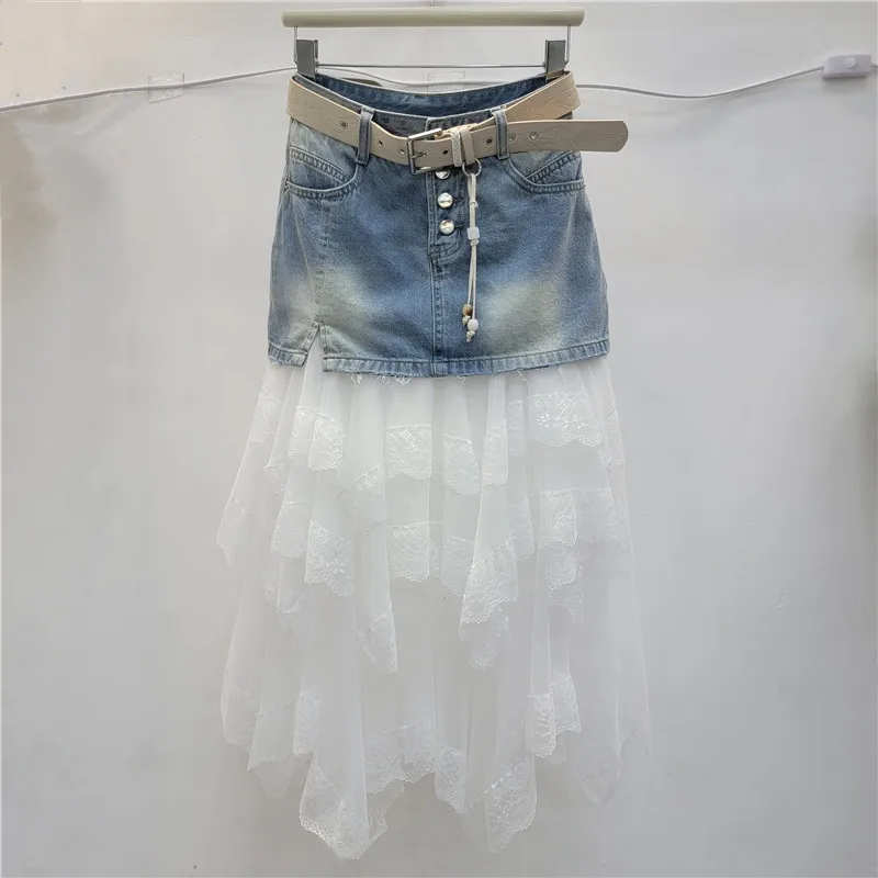 

Новая летняя женская юбка 2026 года: джинсовая мини-юбка А-силуэта с высокой талией и эффектом потертости, с многослойной длинной юбкой-сеткой с кружевной отделкой