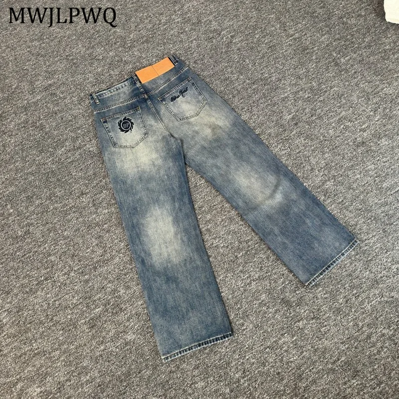 

MWJLPWQ Embroidered Letter Niched Jeans Male High Street American Style Printed Design Unisex Straight Casual Denim Pants 11042