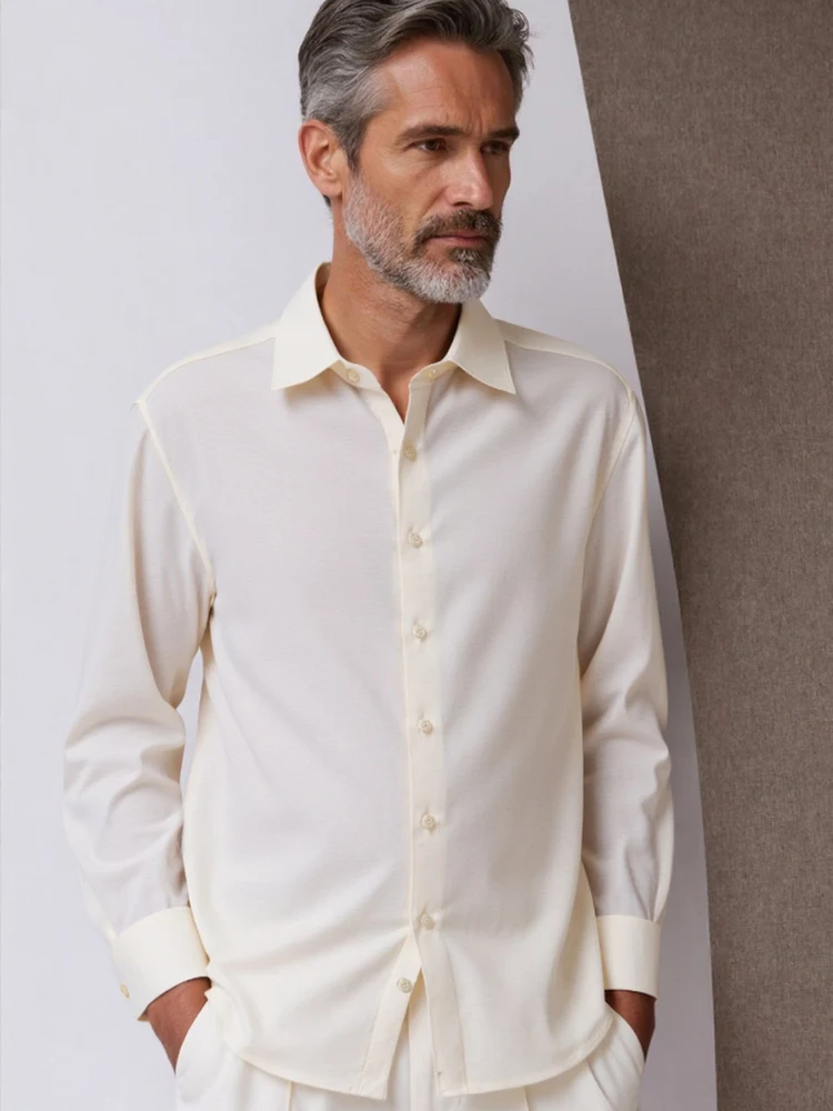 High-End Cotton Linen Lyocell Blend Long Sleeve Men's Shirt Breathable Comfortable Business Style Standard Fit Pure Color