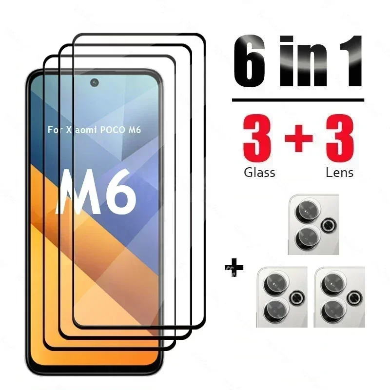 6 In 1 For Xiaomi POCO M6 Glass Tempered Glass POCO M6 Glass Full Cover Screen Protector Camera Film POCO M6 4G