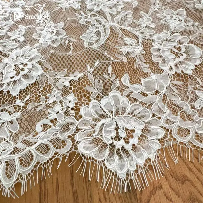 3Meters .High End Border Eyelash Lace Fabric .Wedding Dress  White Geometric Flowers Sewing Accessories