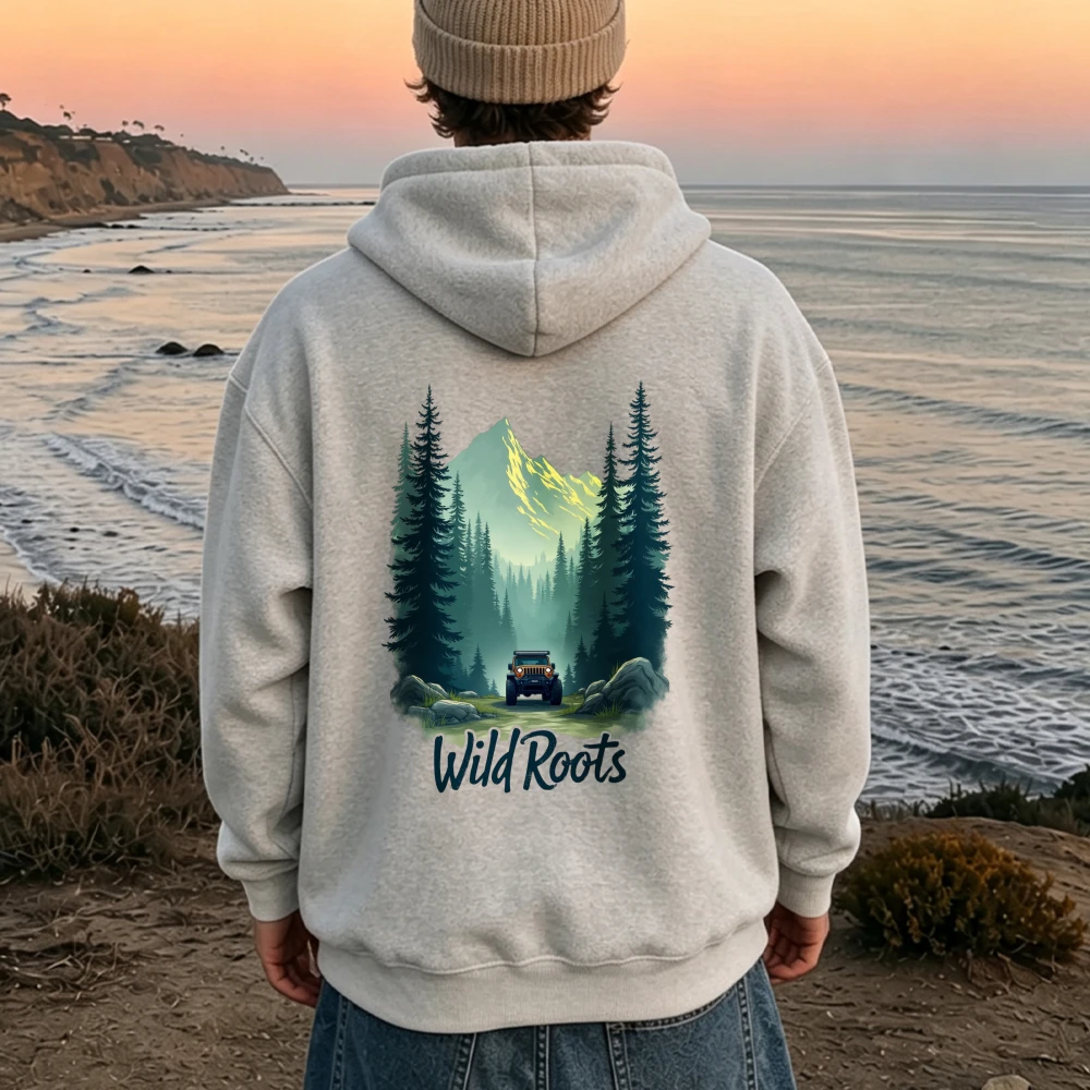 Wild Roots Offroad Jeep Mountain Pine Forest Landscape Graphic Hoodie Front Sweatshirt Outdoor Adventure Camping Casual Tops