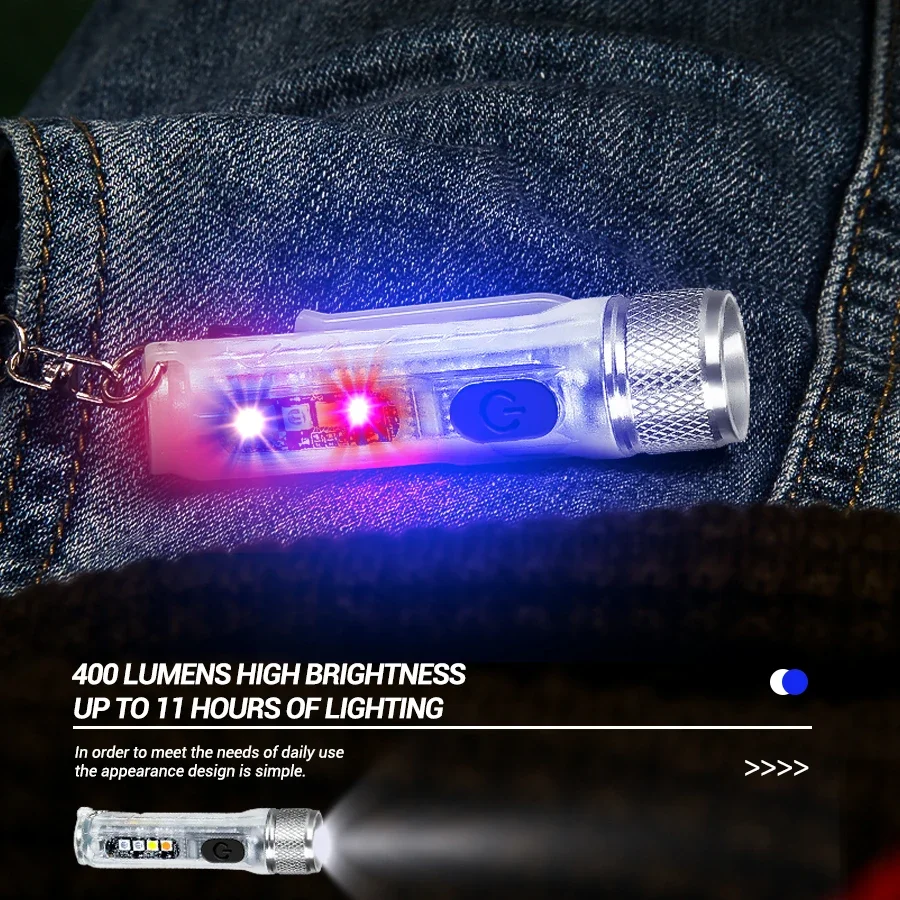 LED EDC Keychain Flashlight Type-C Rechargeable Super Bright Torch Outdoor Waterproof Camping lamp with Clip UV pocket Lantern