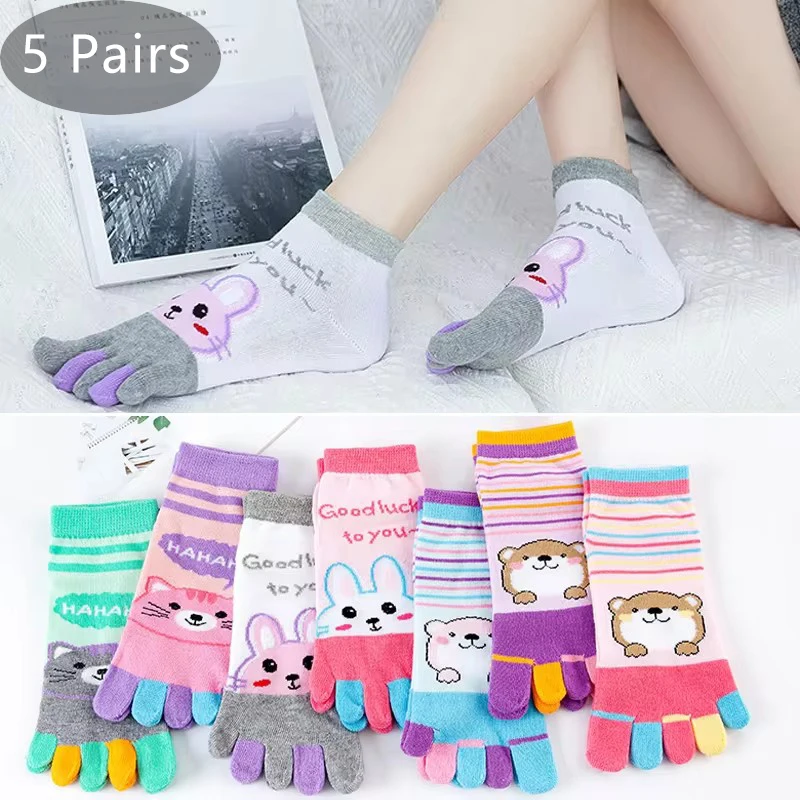 5 Pairs Cute Toe Socks Women Girl Cotton Striped Rabbit Bear Bright Color Young Casual Fashion 5 Finger Happy Socks Invisible