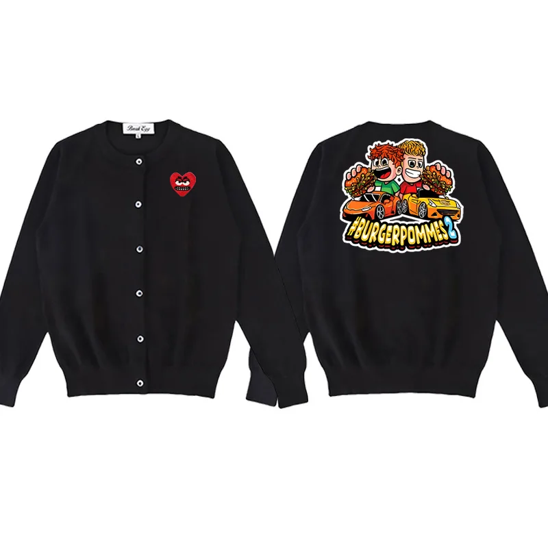 

Burgerpommes 2 Icrimax Graphic Women Cardigan Cotton Snag Heart Embroidery O-Neck Single Breasted Long Sleeves Autumn Sweater