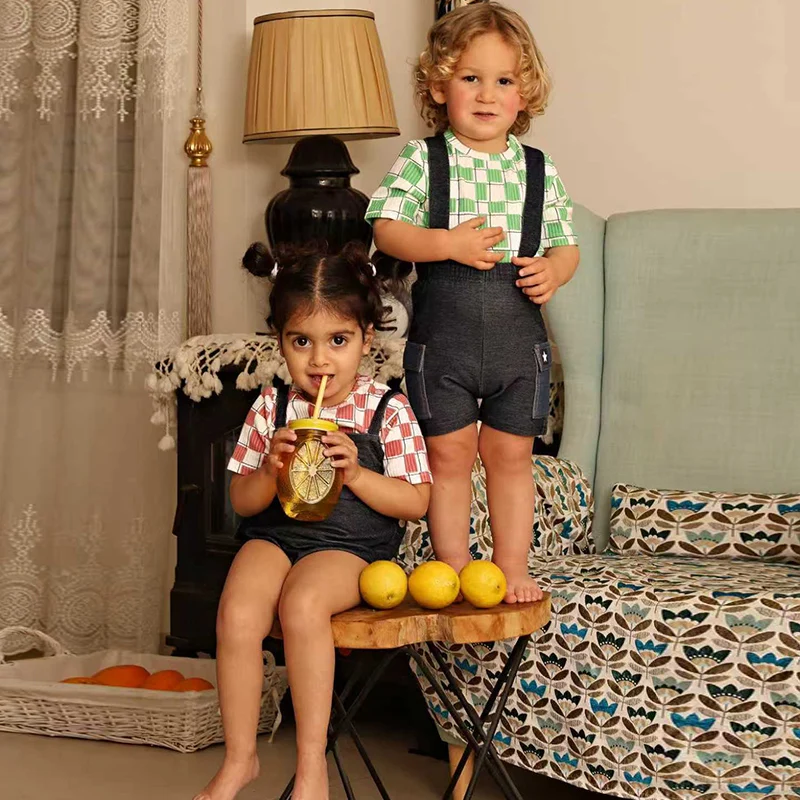 AA-SS26 Summer Clothes Kids Patchwork Denim Set Tee Shirt Family Clothes Girls Jumper Boys Shirt and Leggings Baby Romper