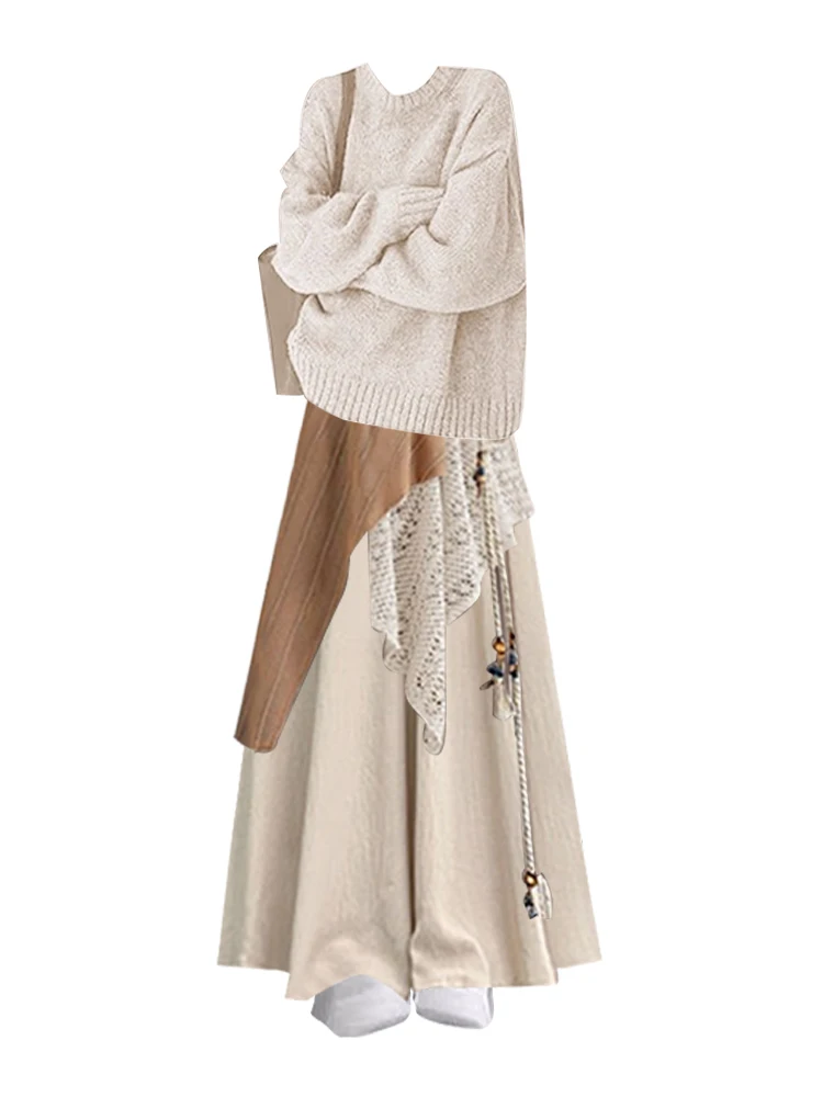 Komplet z koronkowym swetrem z okrągłym dekoltem i szerokimi spodniami na jesień i zimę, damski zestaw modowy z wysokim stanem...