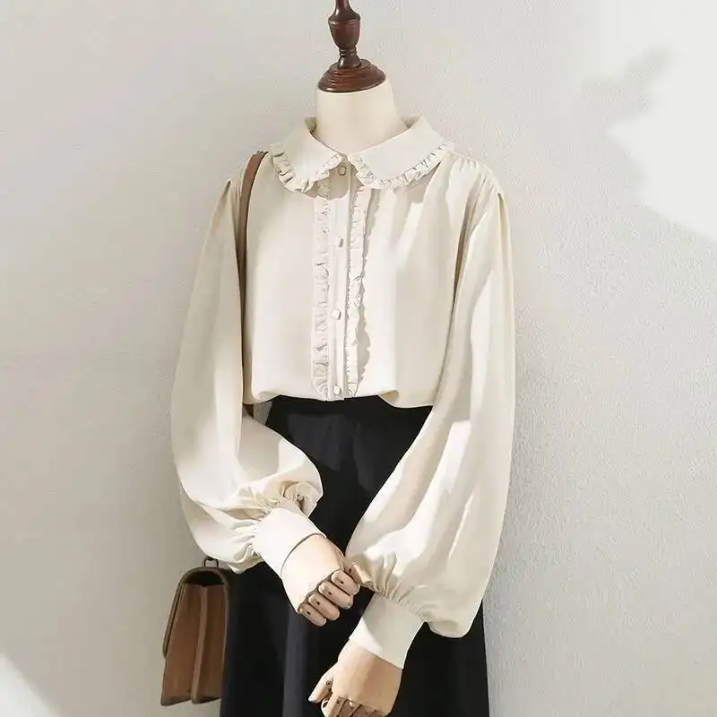 

Apricot Shirts Tops Women Temperament Peter Pan Collar Ruffles Aesthetic All Season Loose Long Lantern Sleeve Chic Elegant Mujer