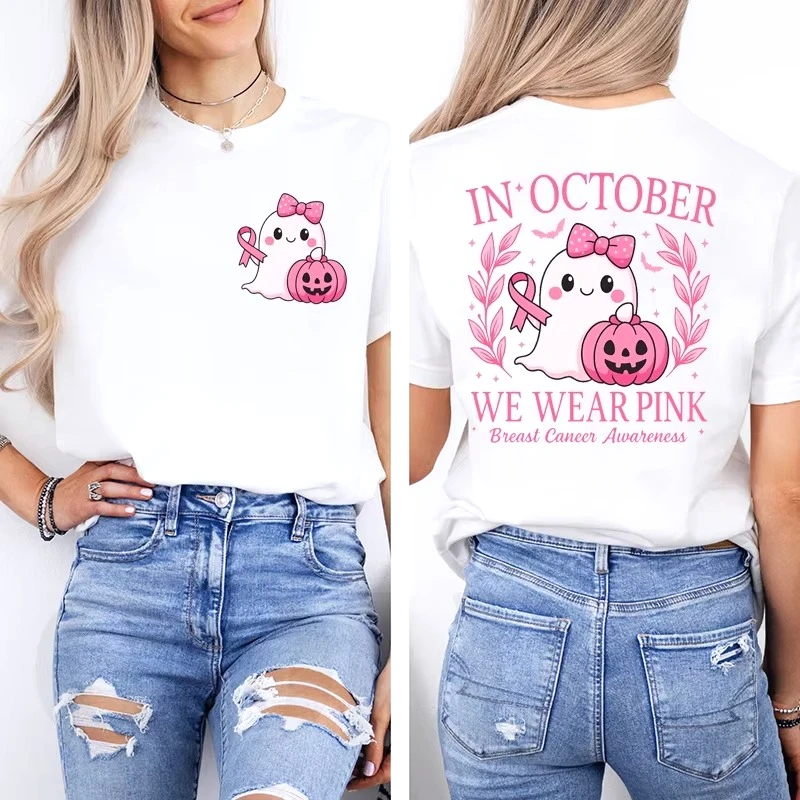 Im Oktober tragen wir rosa: T-Shirt mit grafischem Aufdruck zur Sensibilisierung für Brustkrebs, lässige Oberteile, Halloween, rosa Geister, Damenmode – Detail 11