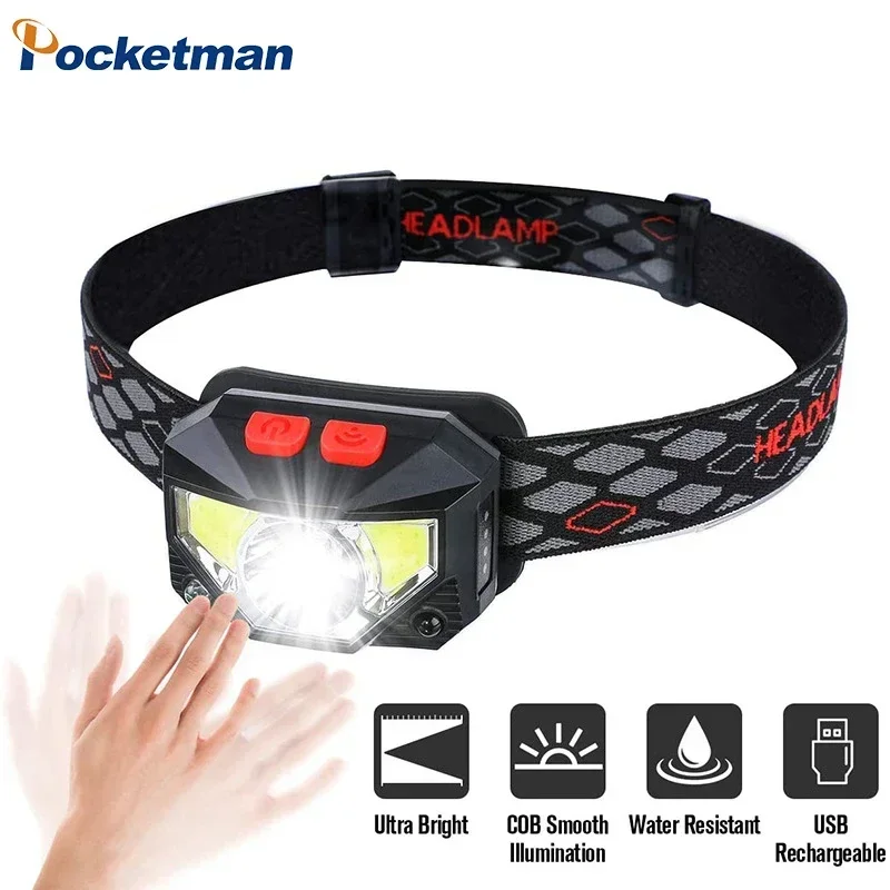 

IR Motion Sensor COB LED Headlamp USB Rechargeable Headlight Red/White Light Induction Head Lamp Head Flashlight with Battery