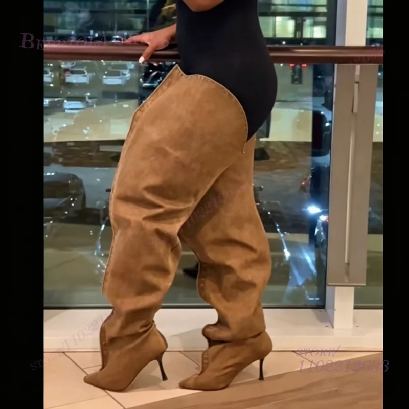 

Wide Leg Loose Fitting Brown Suede Boots Women Long Pleated Stiletto Heels Pointed Toe Summer Denim Khaki Party Cool Girl Shoes