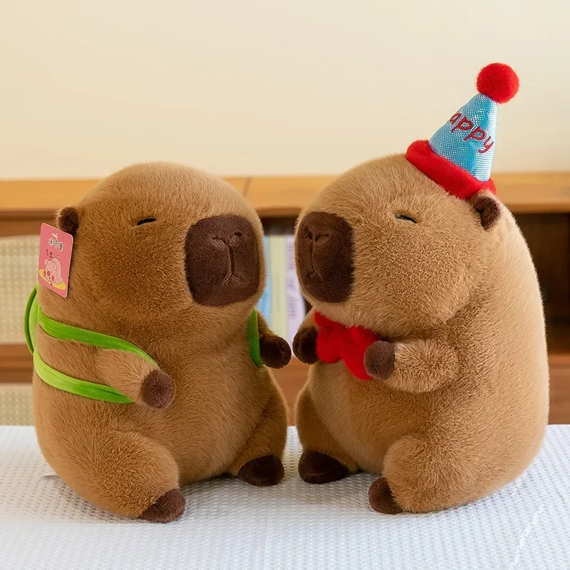 Novo 30-50cm bonito capivara pelúcia com chapéu feliz arco vermelho kawaii marrom capivara pelúcia aniamls brinquedos presentes de aniversário crianças