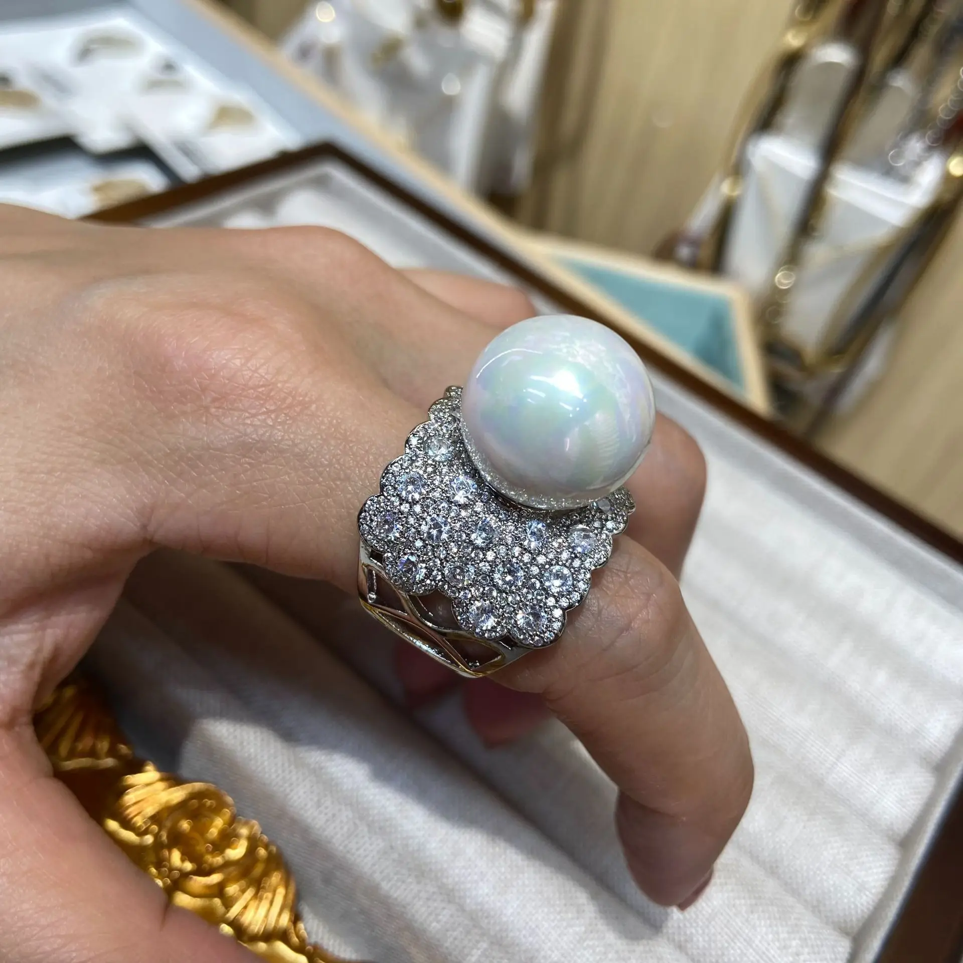 

luxury large ring for women jewelry white zirconia pearl open ring dinner party wedding jewelry
