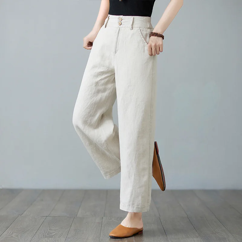 2025 Summer New Literary Loose Solid Color Cotton and Linen Elastic Waist Straight Pants Trousers Women's Casual Pants