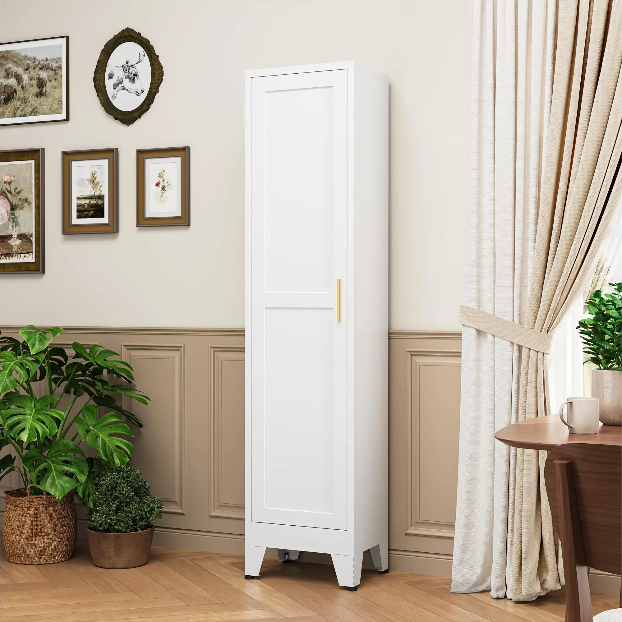 Narrow Metal Storage Cabinet, Tall Freestanding Cabinet with 4 Adjustable Shelves & Barn Doors, Pantry Organizer for Bathroom