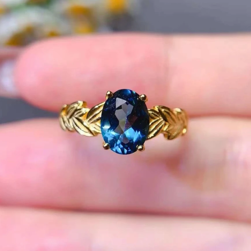 Deep Blue Natural Topaz Ring for Daily Wear 6mm*8mm 1ct Genuine London Blue Topaz Jewelry with Thick Gold Plating