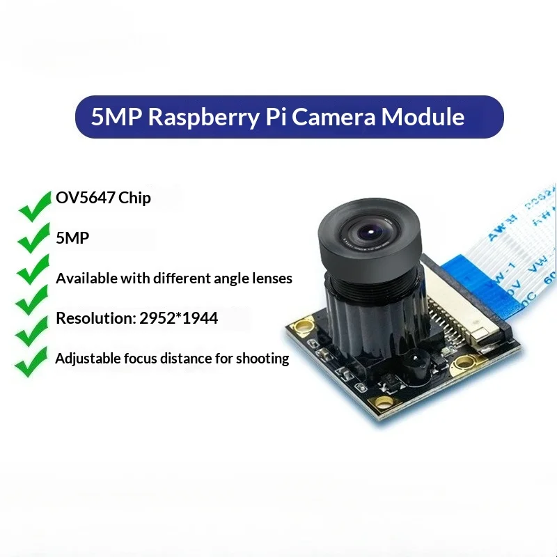 OV5647 5MP Wide Angle CSI Camera Module for Raspberry Pi 4 Model 4B 3B Plus 2 Generation with 15cm Flat Flexible Cable