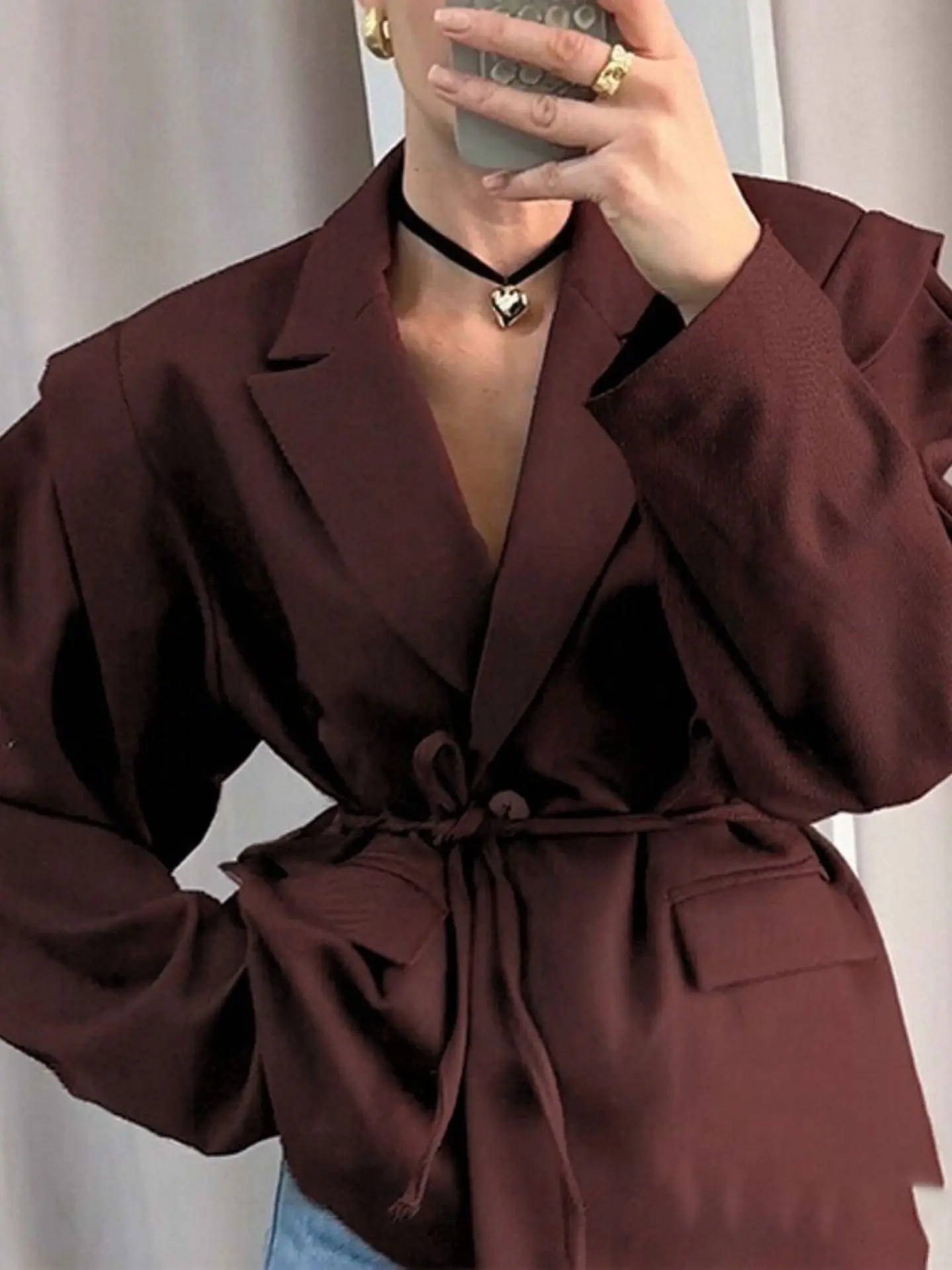 엘리 V넥 턱시도 자켓 여성 패션 봄 신상 어깨 패드 벨트형 통근 코트 롱 슬리브 폴리에스터 섬유