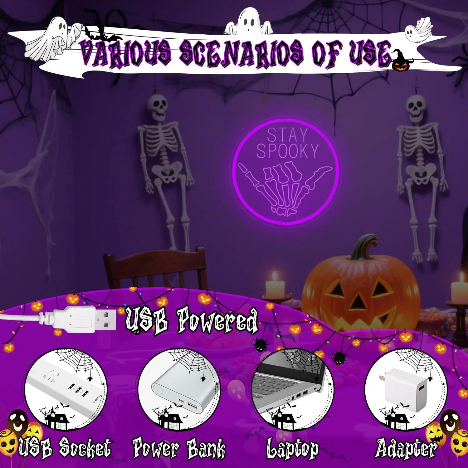 Hanging Skull LED Neon Sign Halloween Stay Spooky Wall Decor for Bedroom Game Room Man Cave Party