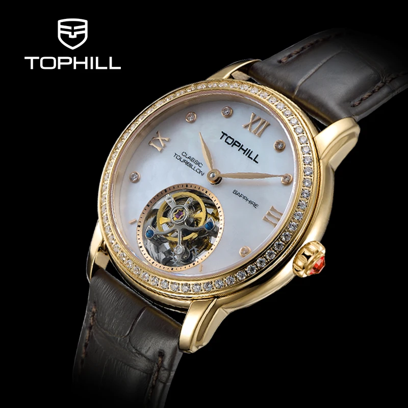 TOPHILL Luxury Automatic Tourbillon Watches 19Zuan Diamond Hollow Movement Mechanical Wristwatch Lady Sapphire Waterproof TU003L