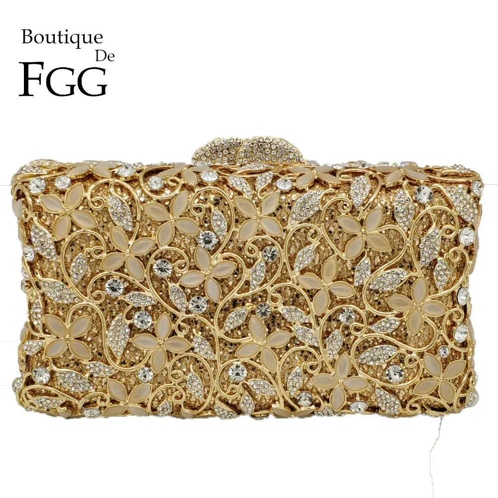 Boutique De FGG Opal Stone Women Crystal Evening Clutch Flower Minaudiere Bags Ladies Metal Clutches Wedding Handbag Party Bag