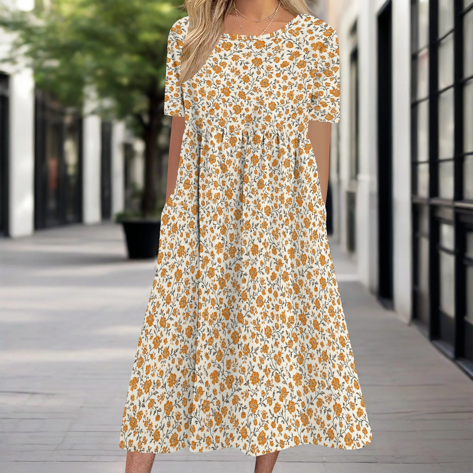 Abito da donna per invitati a un matrimonio a maniche corte con stampa floreale Ditsy, abiti midi larghi e fluidi estivi con tasche