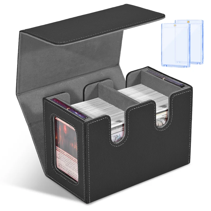 Card Deck Box with Dispaly Window, Holds 100+ Double-Sleeved Cards with 2 Magnetic Card Holder,PU Leather Card Box for TCG Cards