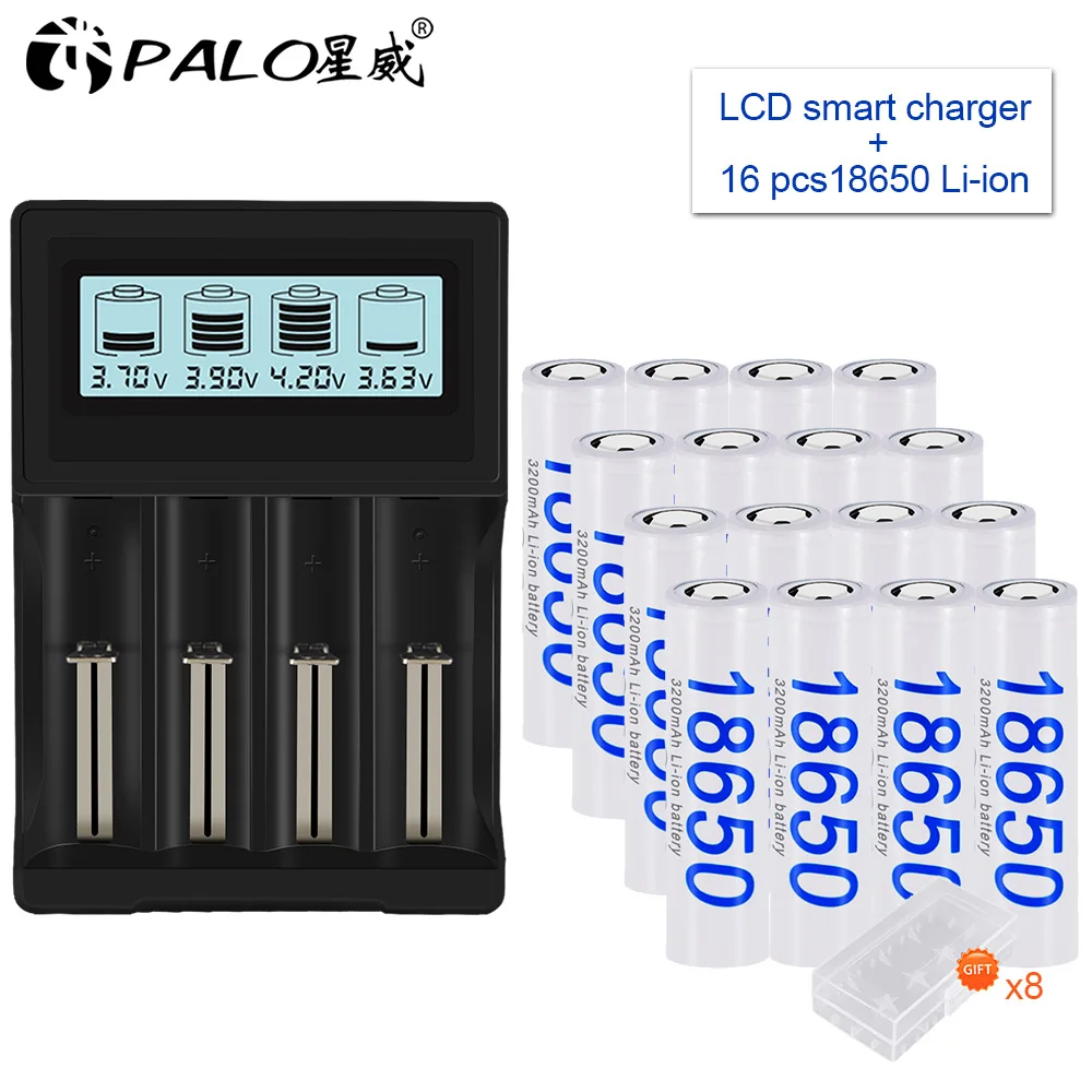 PALO 3.7V 18650 Rechargeable Lithium Battery 3400mAh 18650 Li-ion  Battery For Flashlight Battery+4 Slots18650 Battery Charger