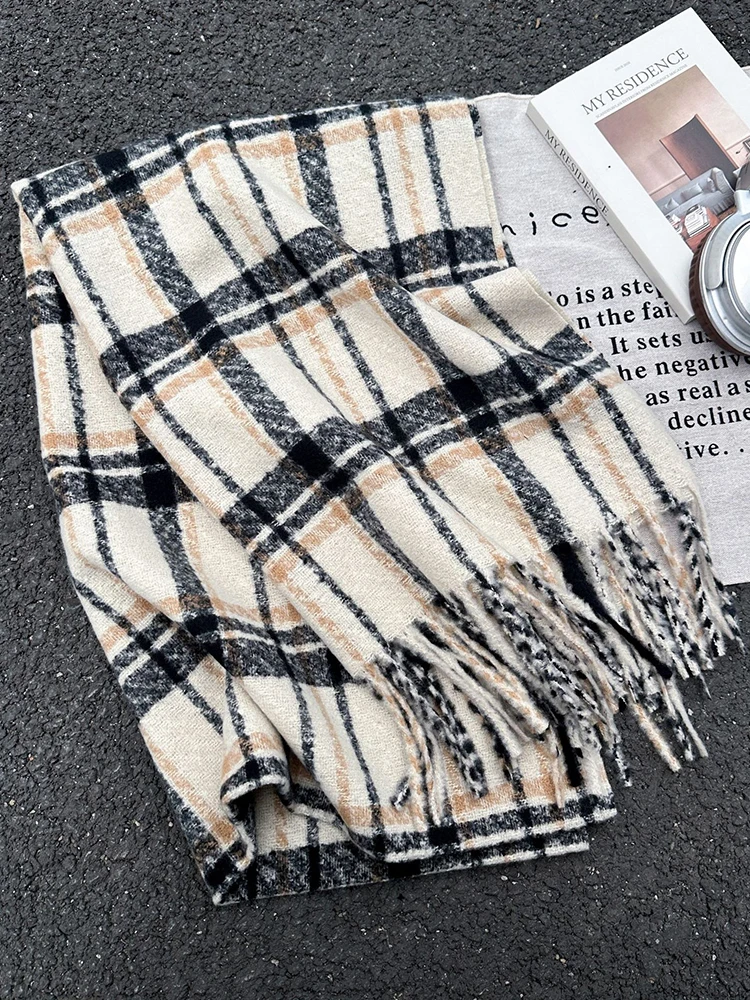 الخريف الشتاء النساء Preppy وشاح متماسكة سيدة الرجال الرجعية عادية منقوشة شرابة وشاح التفاف شال فام الذكور للجنسين موضة عيد الميلاد