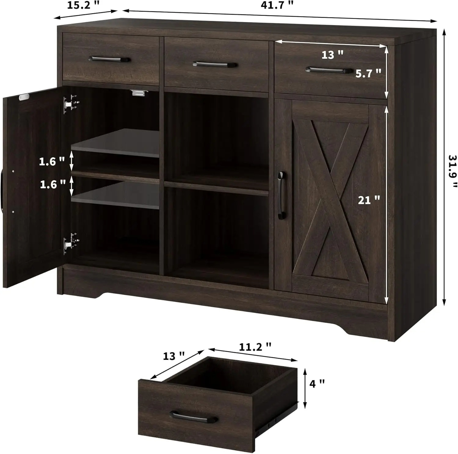 Buffet Storage Cabinet com portas de celeiro, Modern Farmhouse Sideboard, gavetas e prateleiras